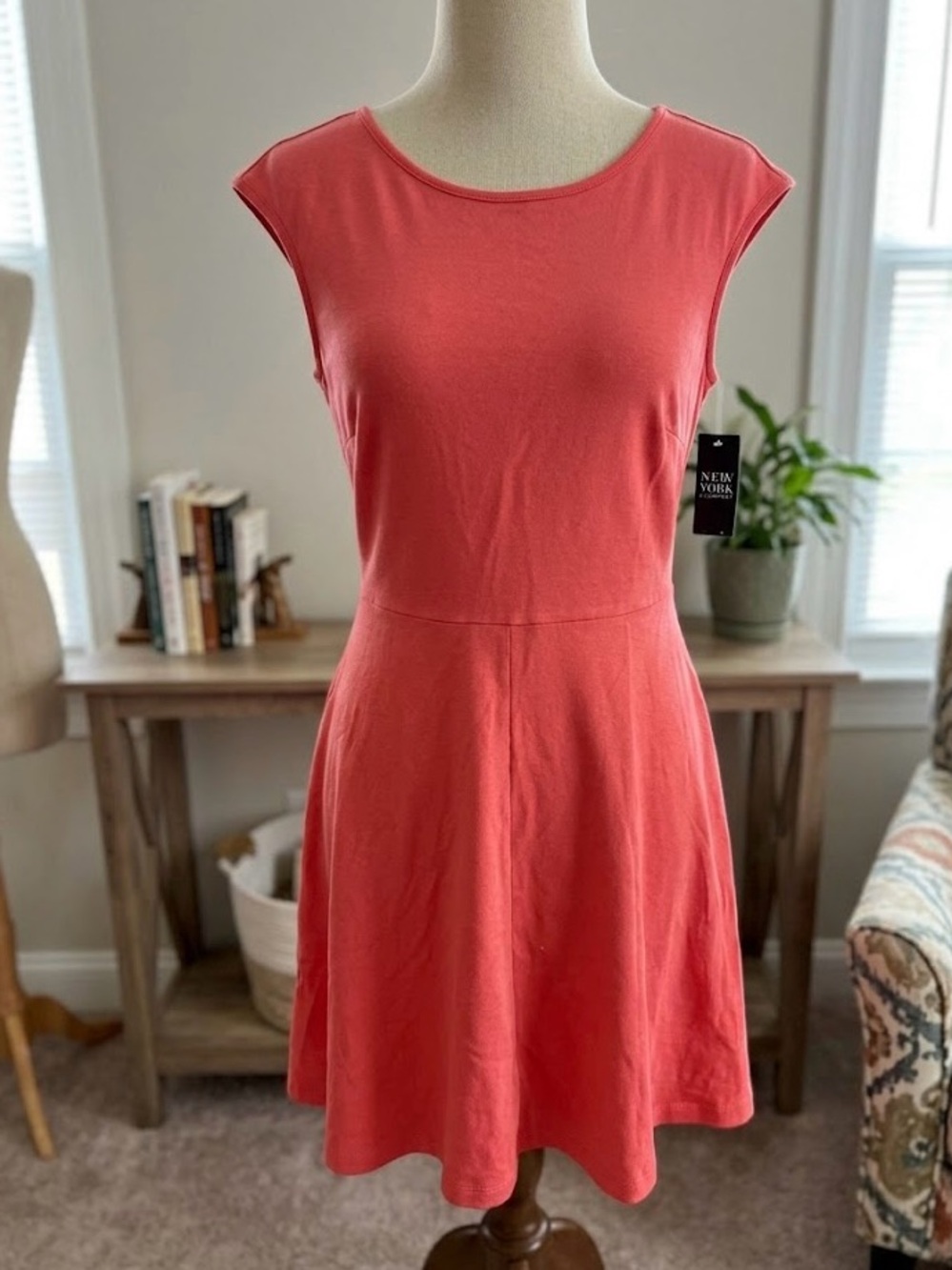 New York & Company Coral Cap-Sleeve Fit & Flare Dress
